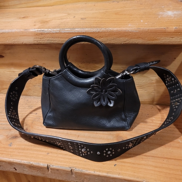 Unique Mini Full Grain Leather Circle Handle Bag with Studded Wide Leather Strap - Picture 2 of 9